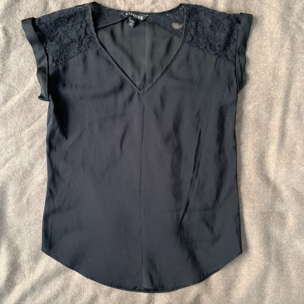 Express Black Tee with Lace Shoulders
